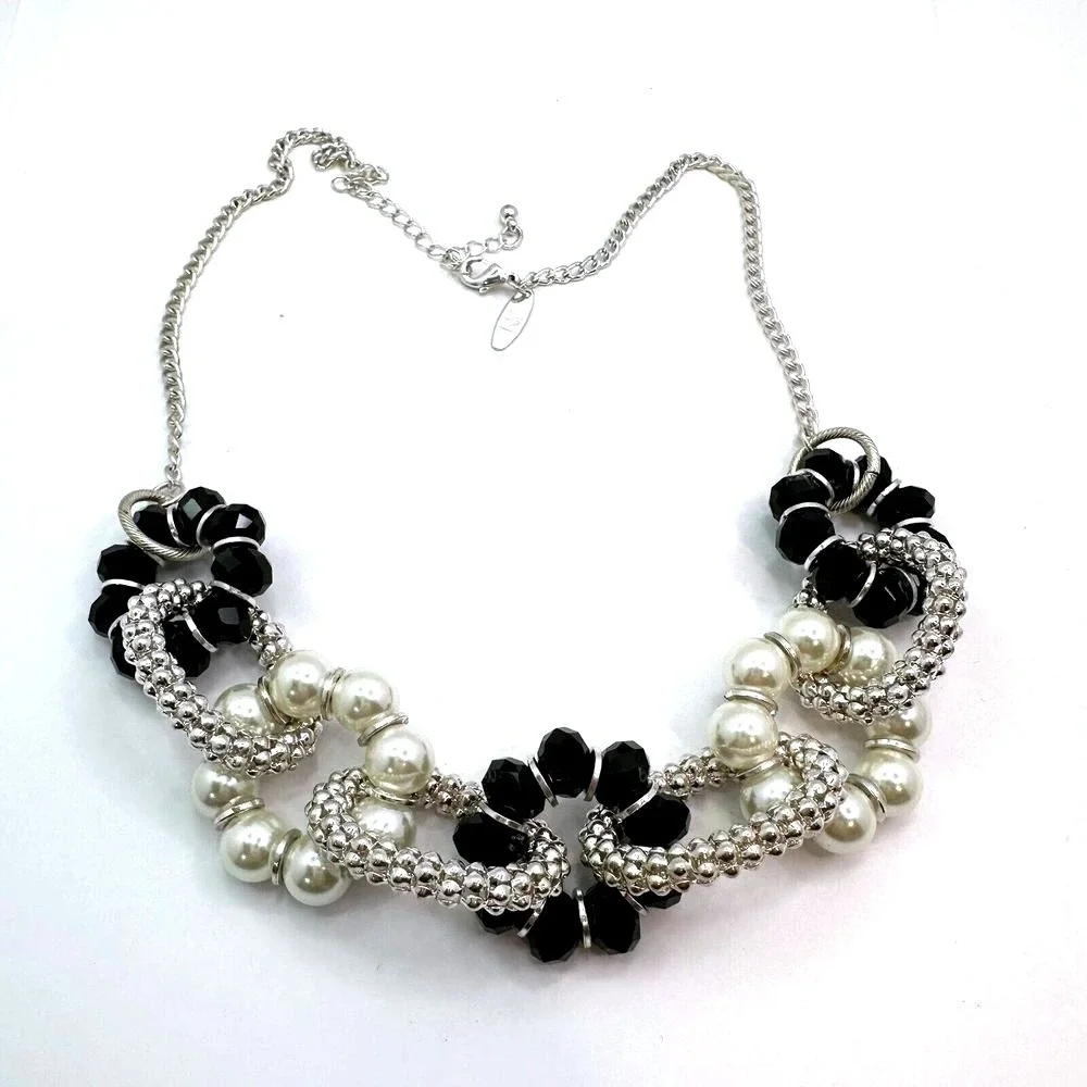 New York & Company Silver Tone Faux Pearl Black Beaded Bib‎ Statement Necklace